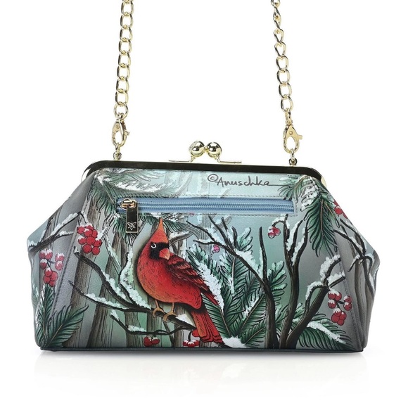 Anuschka Leather Hand Painted Shoulder Bag Clutch Winter Cardinals Kiss Lock